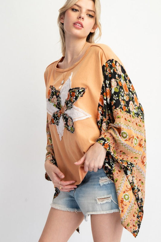 Terracotta Mix Print Patch Poncho Top by Easel