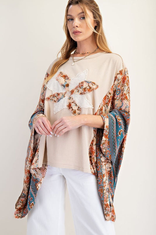 Natural Mix Print Patch Poncho Top by Easel