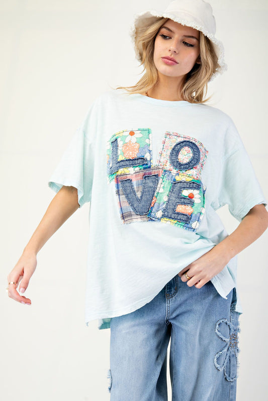 Mint LOVE Patch Mineral Washed Cotton Short Sleeve Top by Easel