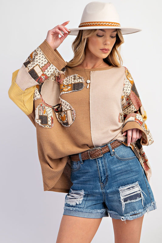 2648- Mocha Waffle Flower Patchwork Top