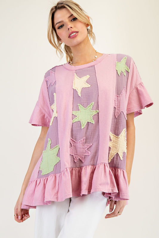 Rose Pink Star Patchwork Babydoll Short Sleeve Top by Easel