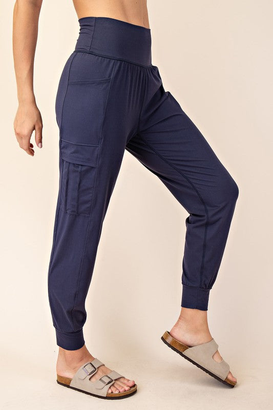 8383- Navy Solid Joggers Style Leggings w/ Side Pocket