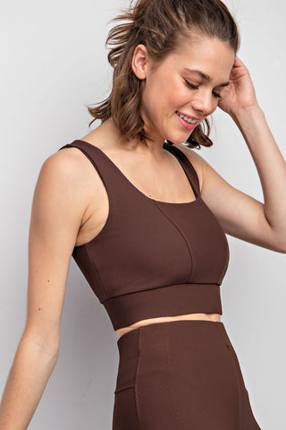 Brown Nylon Rib Square Neck Sports Bra by Rae Mode