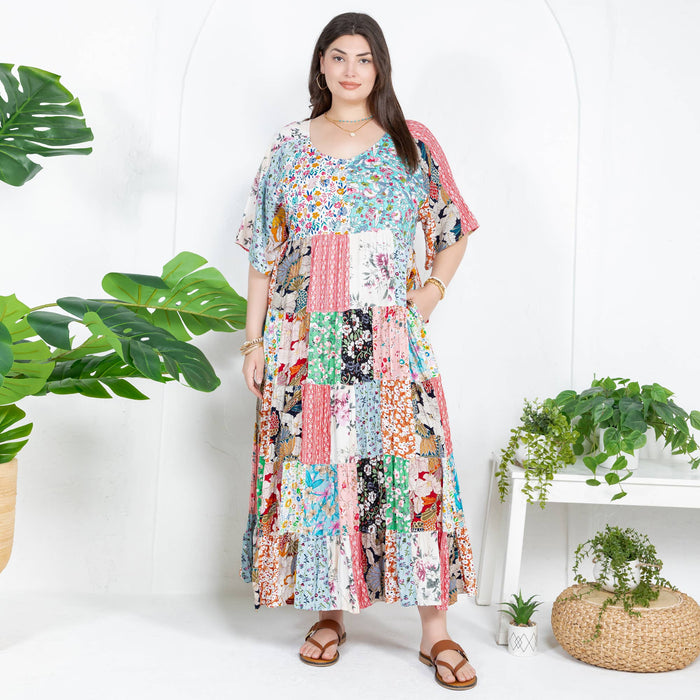 Round Neck, Short Sleeve, Tiered/Patch Skirt Maxi Dress: FLORAL by Young Threads