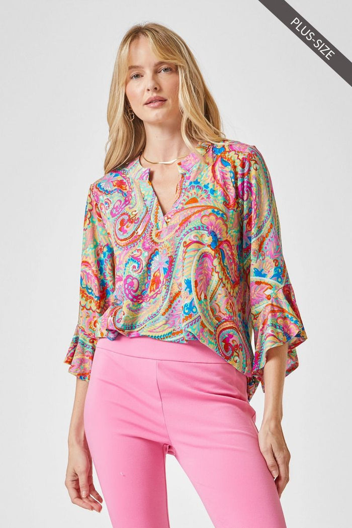 2272- Multi Print w/ Multi Color 3/4 Length Wrinkle Free Top