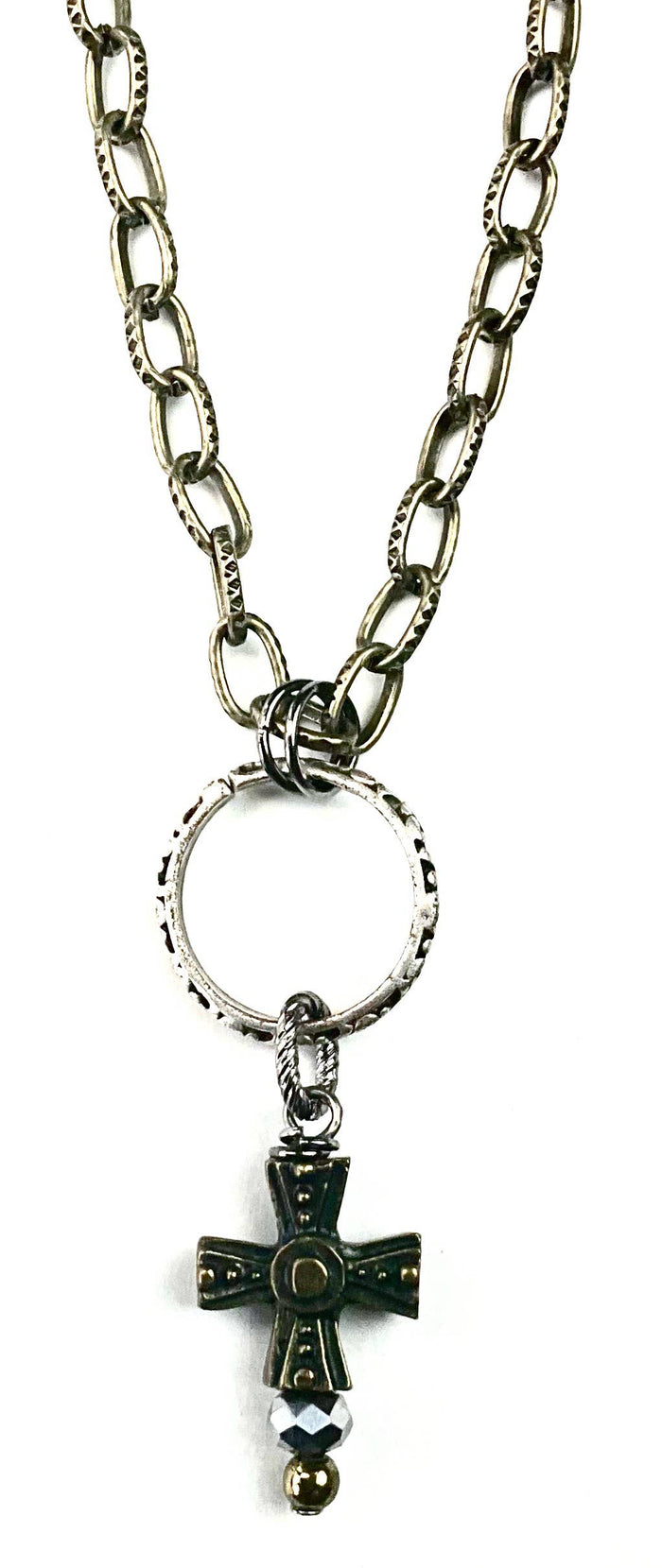 NK SIMPLE SHORT CHAIN W/RING & CROSS DANGLE