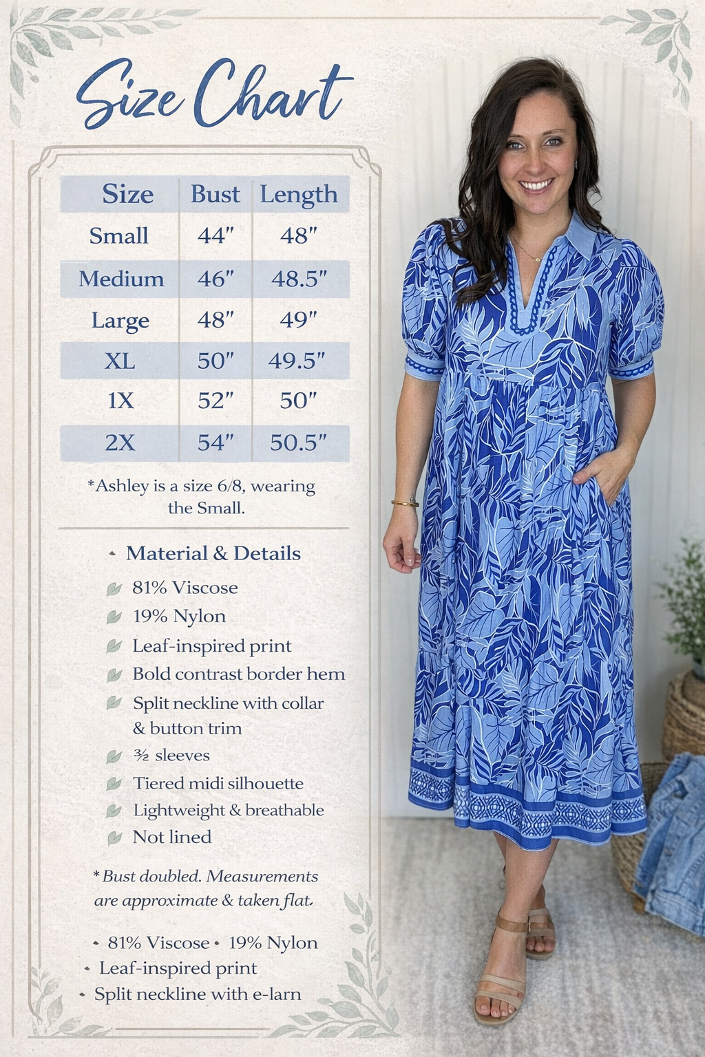 Blue Leafy Border Print V-Neck Midi Dress by Umgee