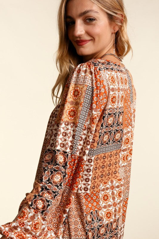 10238- Rust Boho Pattern Square Neck Top with Long Sleeves