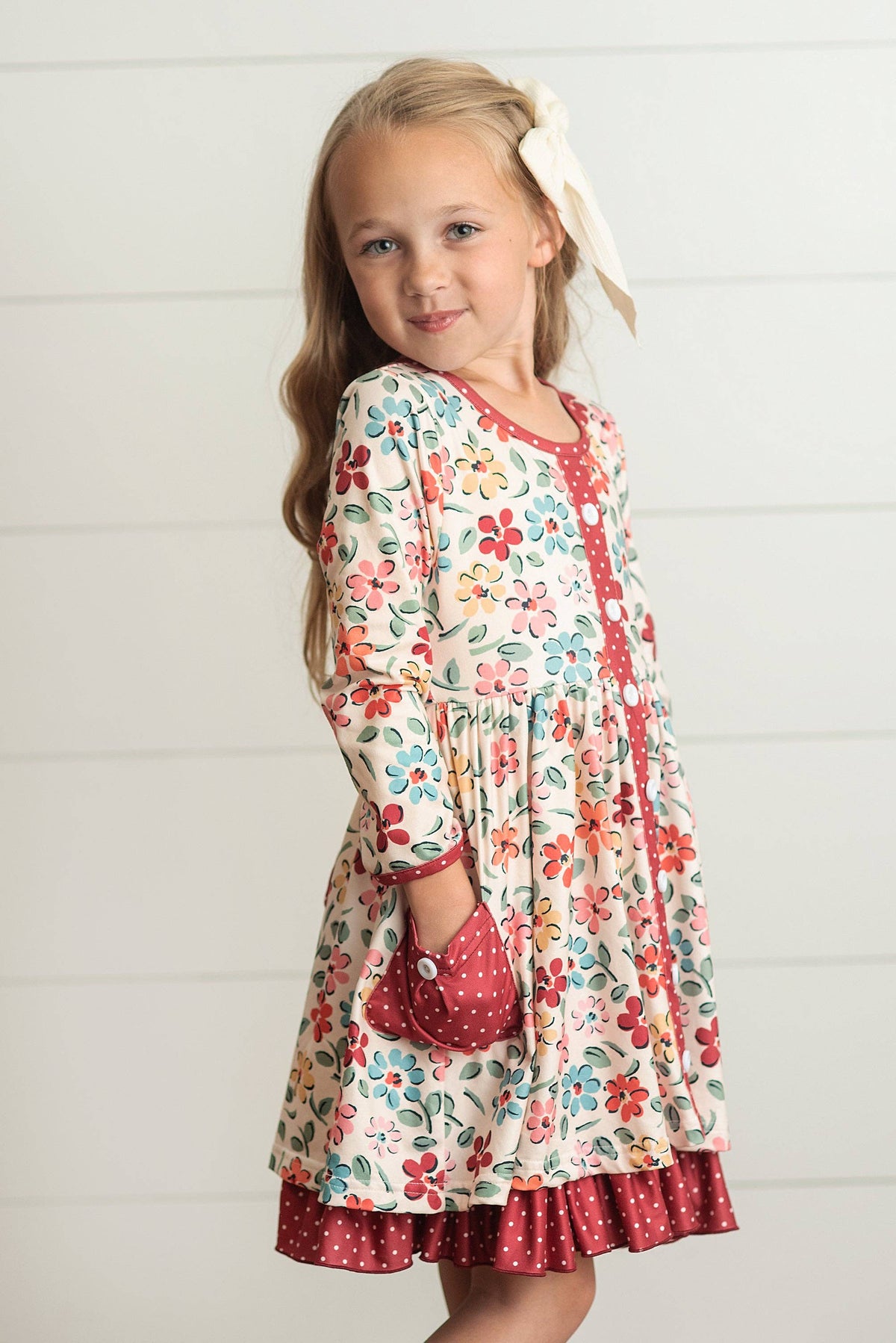 Kids Cream & Burgundy Floral Ruffle Button Pocket Fall Dress *KIDS*