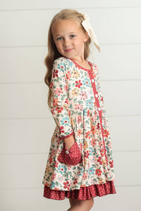Kids Cream & Burgundy Floral Ruffle Button Pocket Fall Dress *KIDS*