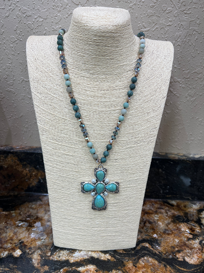 9742- Turquoise Beaded Cross Necklace