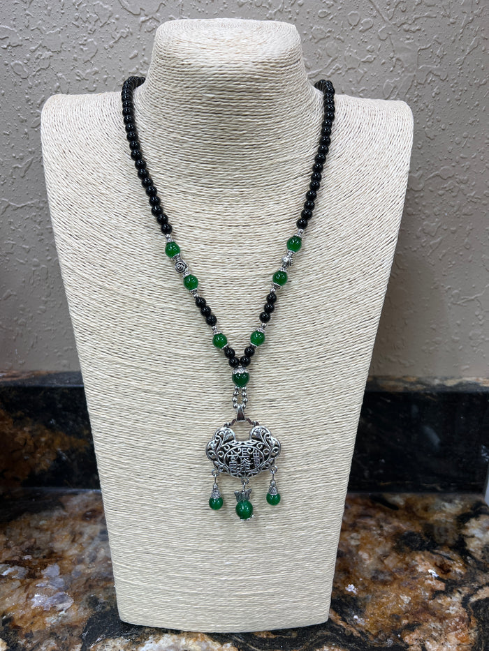 9738- Green and Black w/ Silver Pendant w/ Dangles