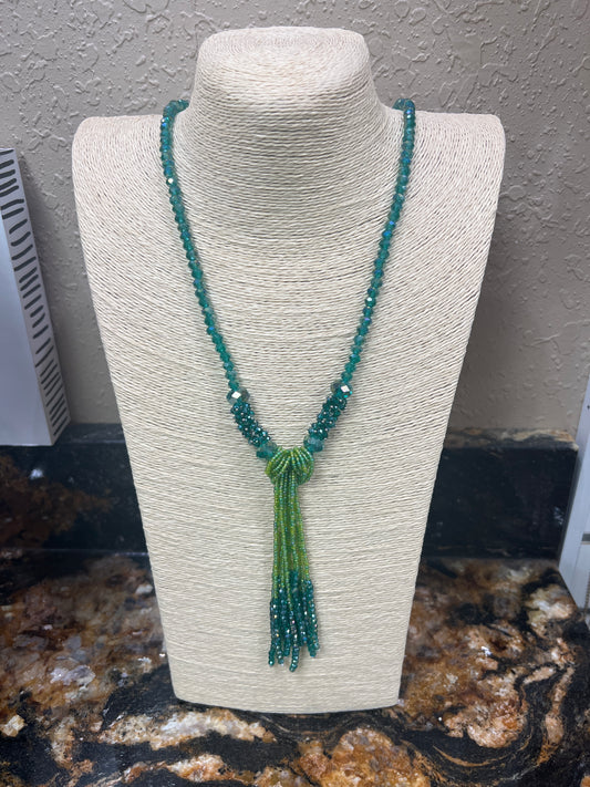 9187- Green Two-Toned Beaded Tassel Necklace