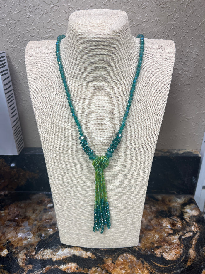 9187- Green Two-Toned Beaded Tassel Necklace