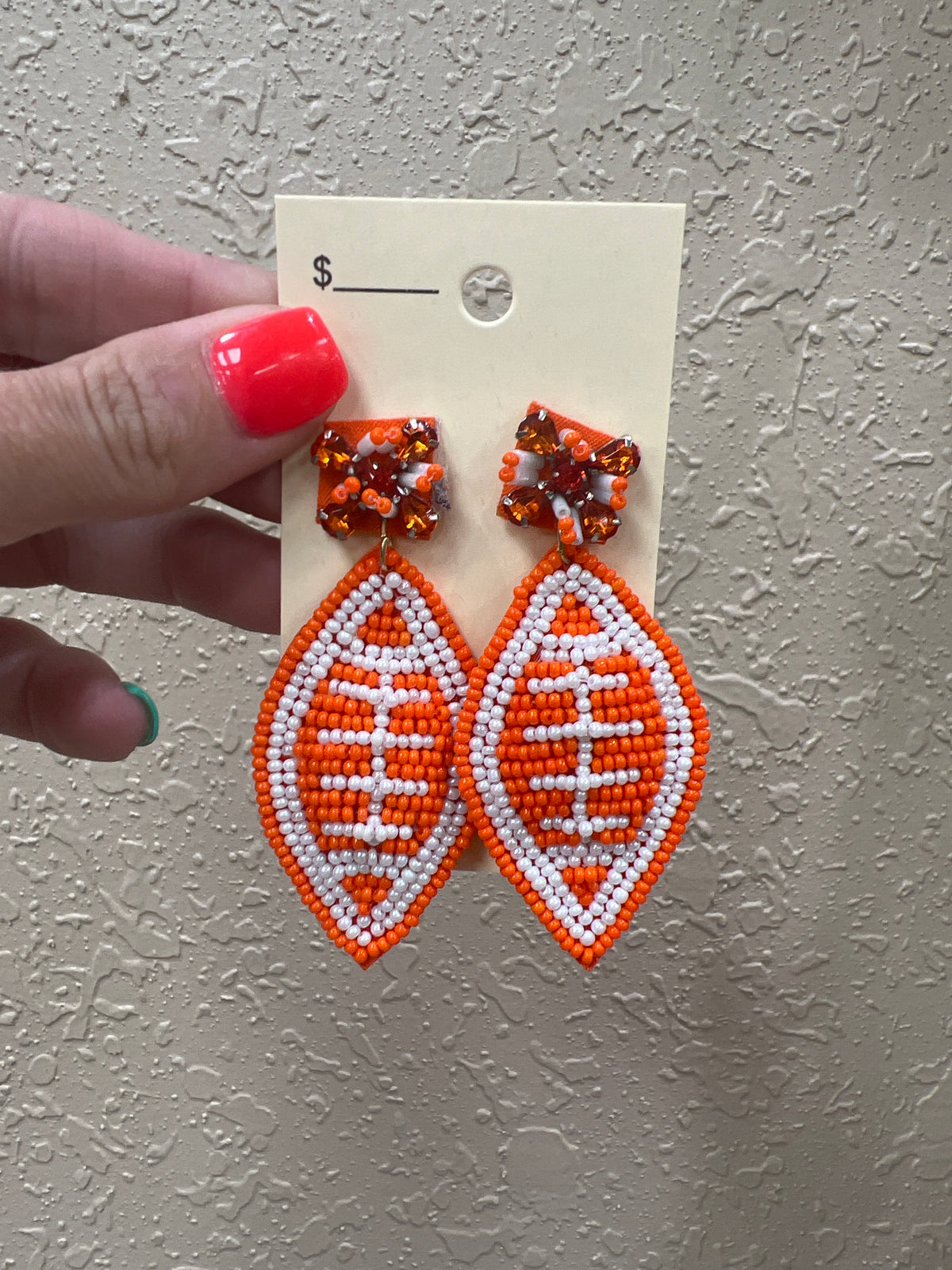 9068- Orange Beaded Football Earrings