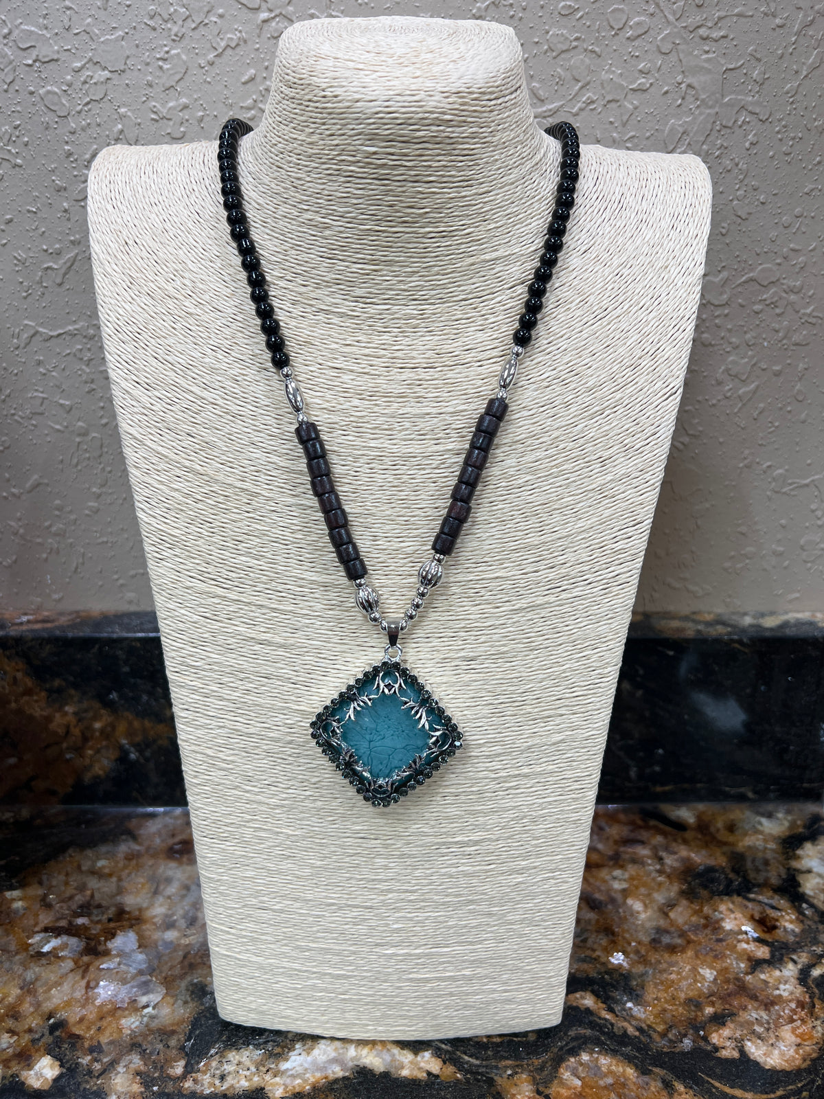 9747- Black Beaded w/ Brown Wood Bead Necklace— Teal Pendant