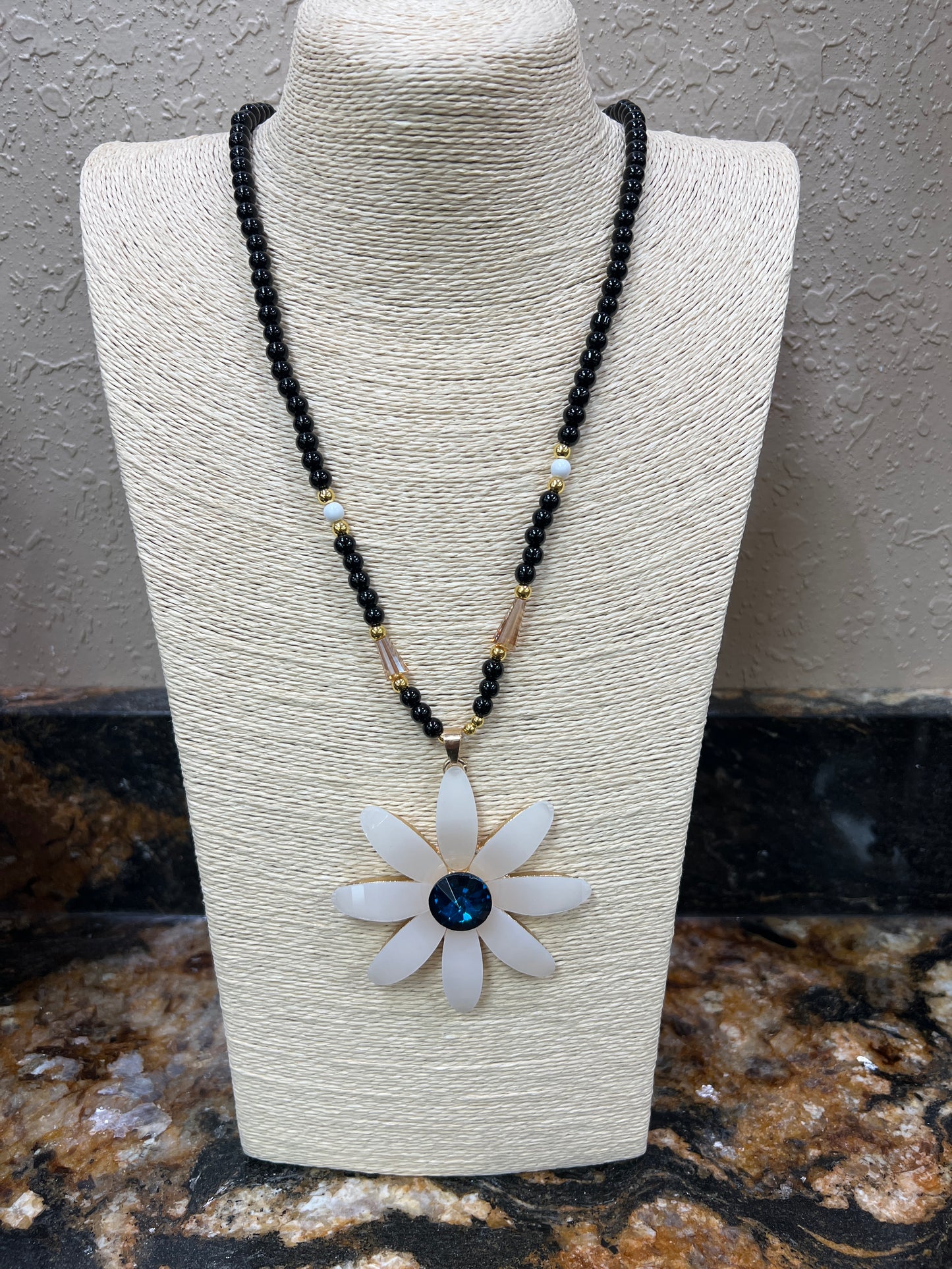 9753- White Flower Pendant w/ Black Bead Necklace