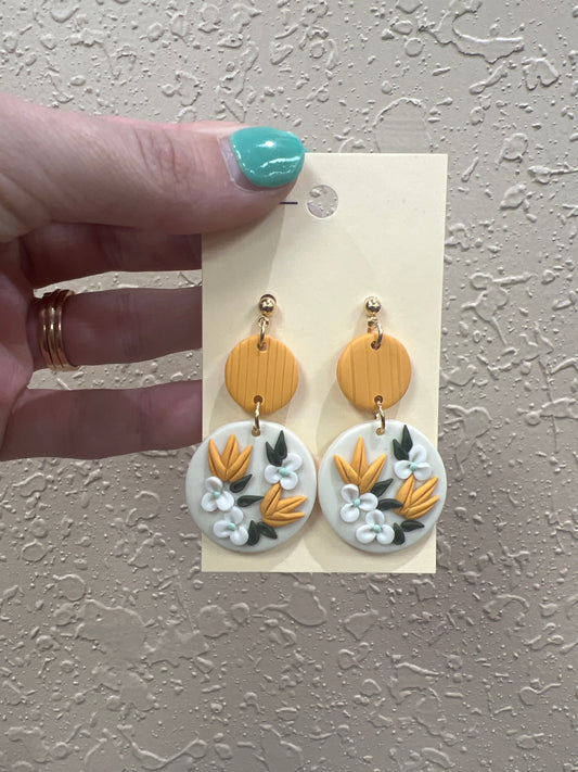 8054- Golden Yellow Clay Floral Print Earrings