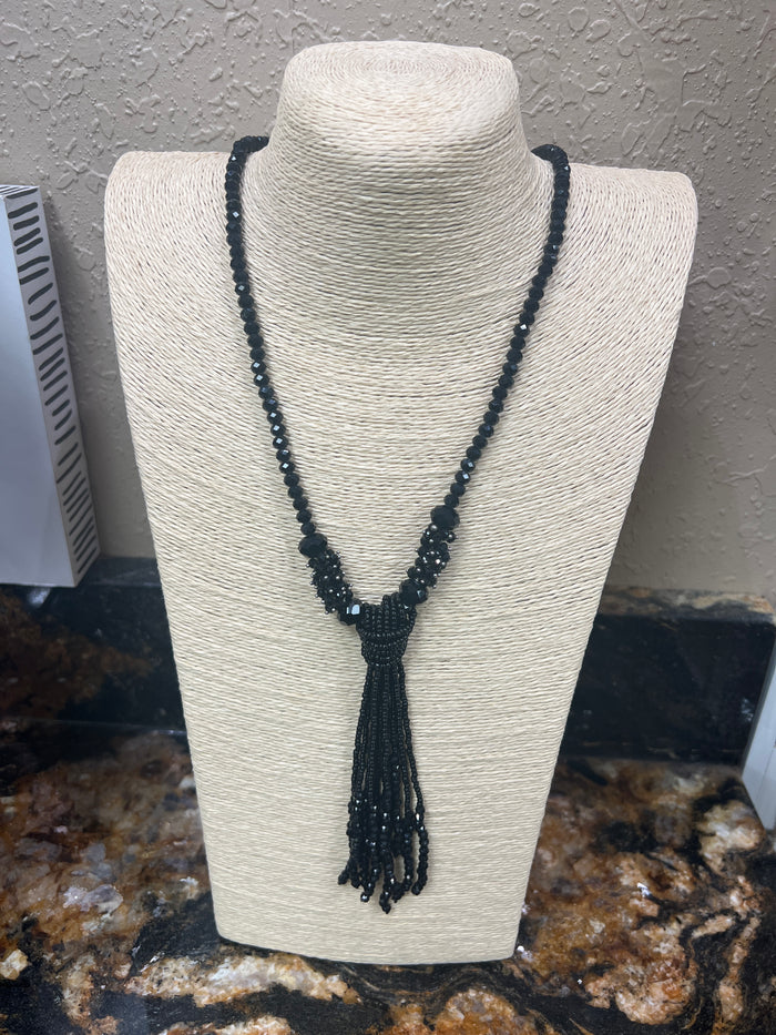 9184- Black Beaded Necklace w/ Tassel