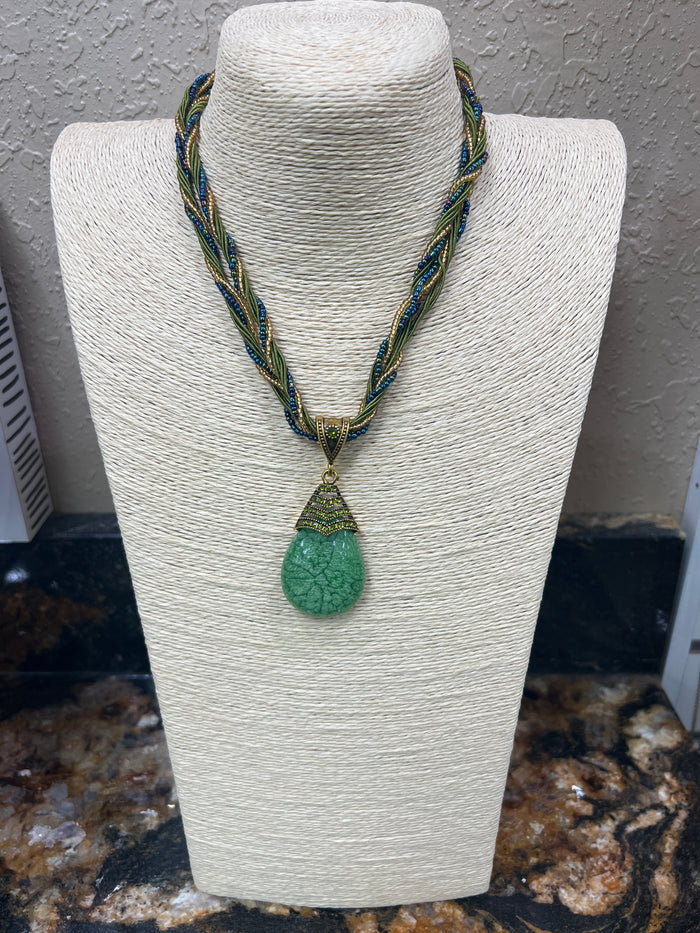 9200- Green, Blue, & Gold Beaded Pendant Necklace