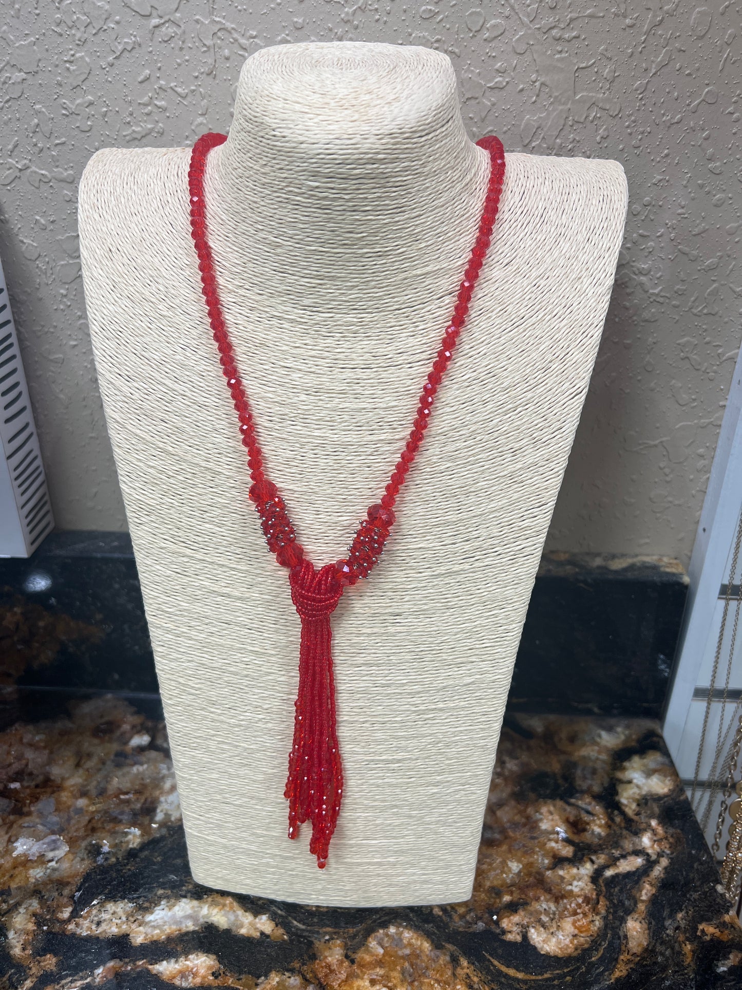 9183- Red Beaded Necklace w/ Tassel