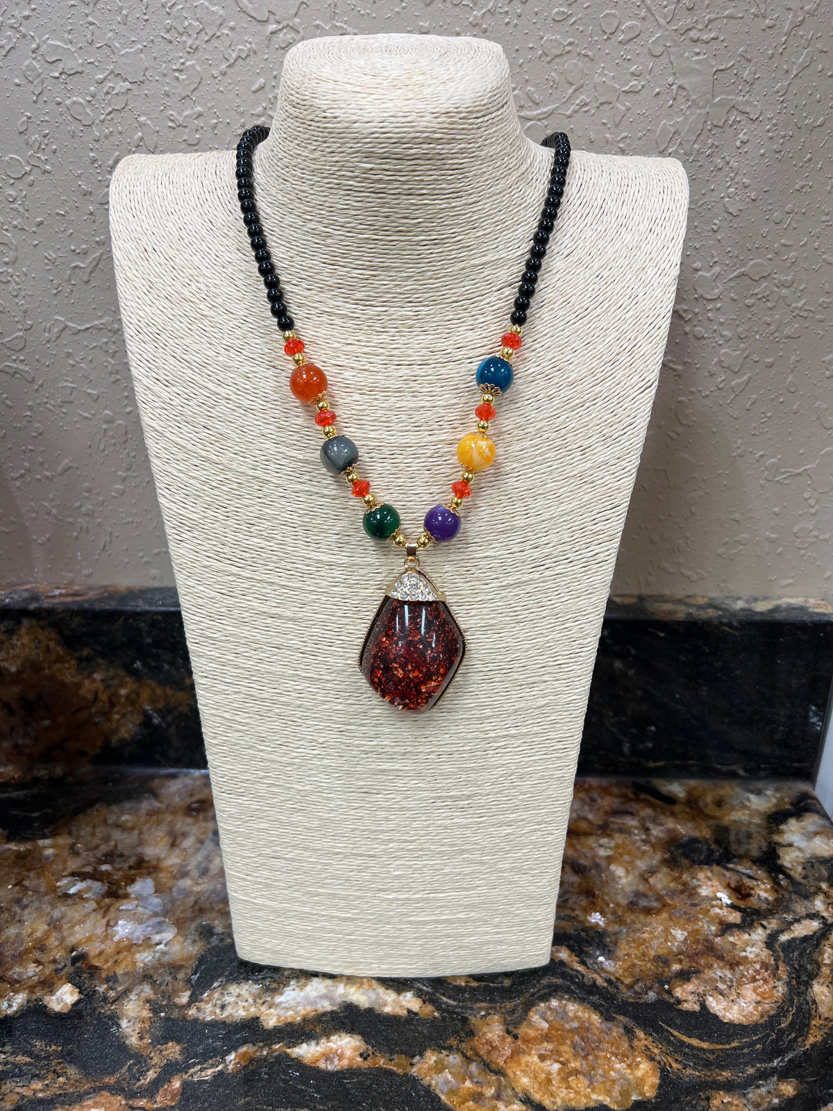 9733- Multi Color Stone Necklace w/ Red Pendant