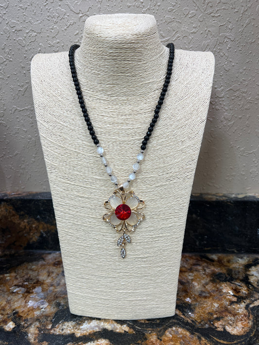 9754- Red Flower W/ Pendant Necklace