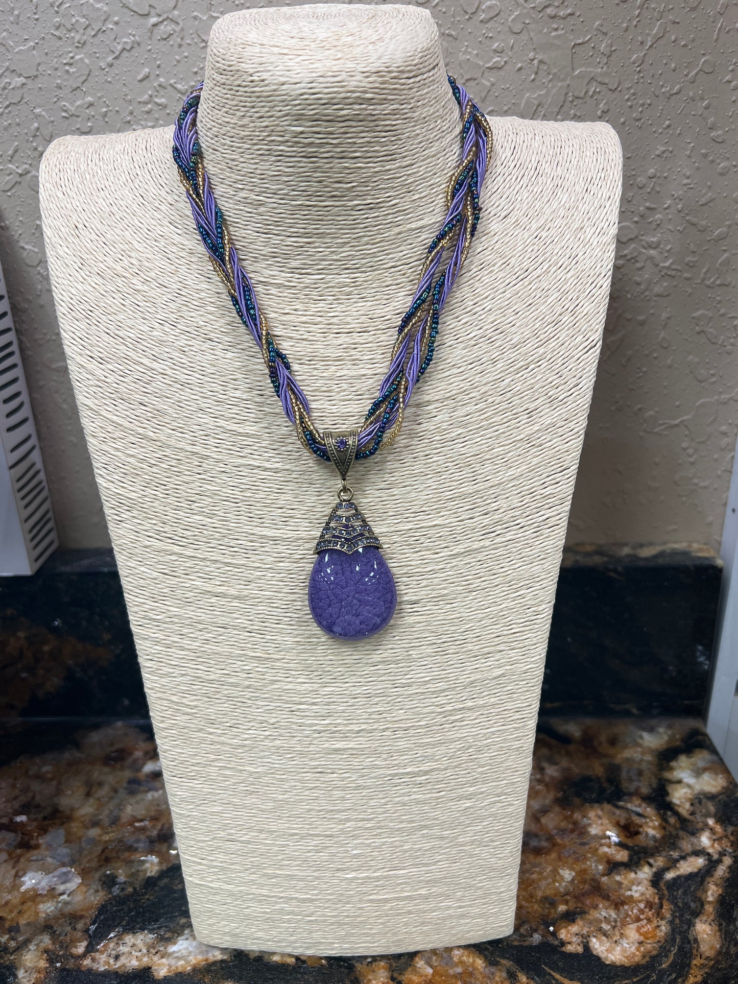 9199- Purple Multi Beaded Necklace w/ Pendant