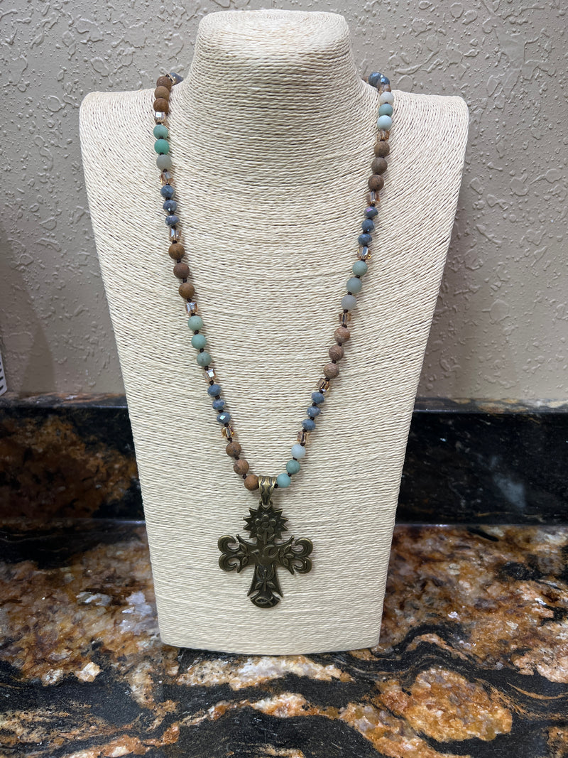 9741- Semi Precious Stone Necklace w/ Cross Necklace