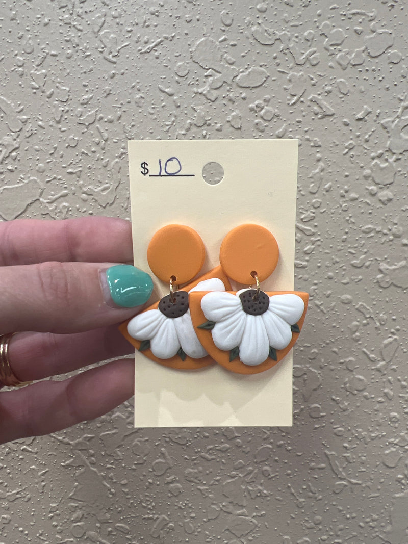 8058- Orange Floral Clay Earrings