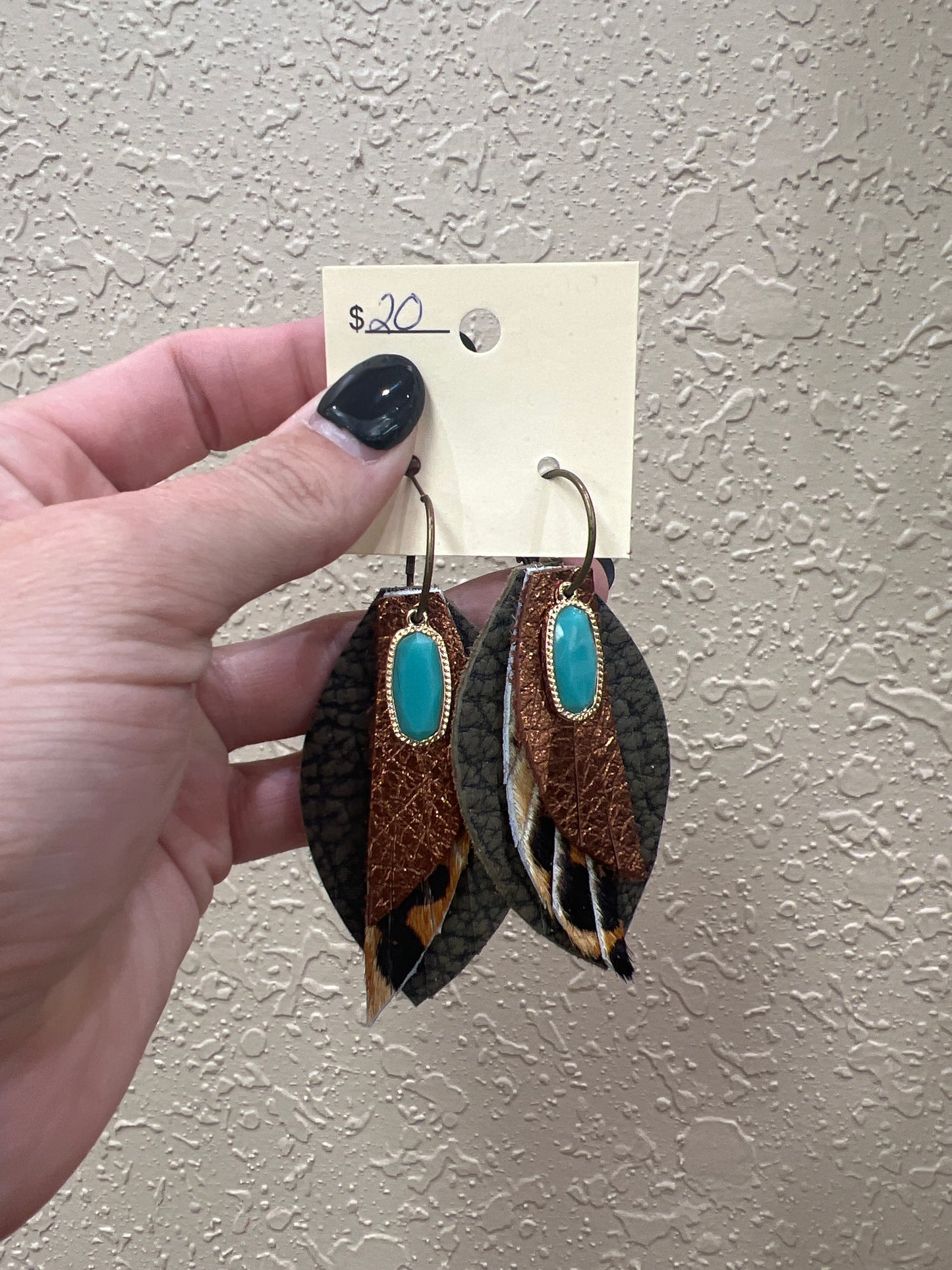 8828- Copper, Leopard, and Brown w/ Turquoise Layer Earrings