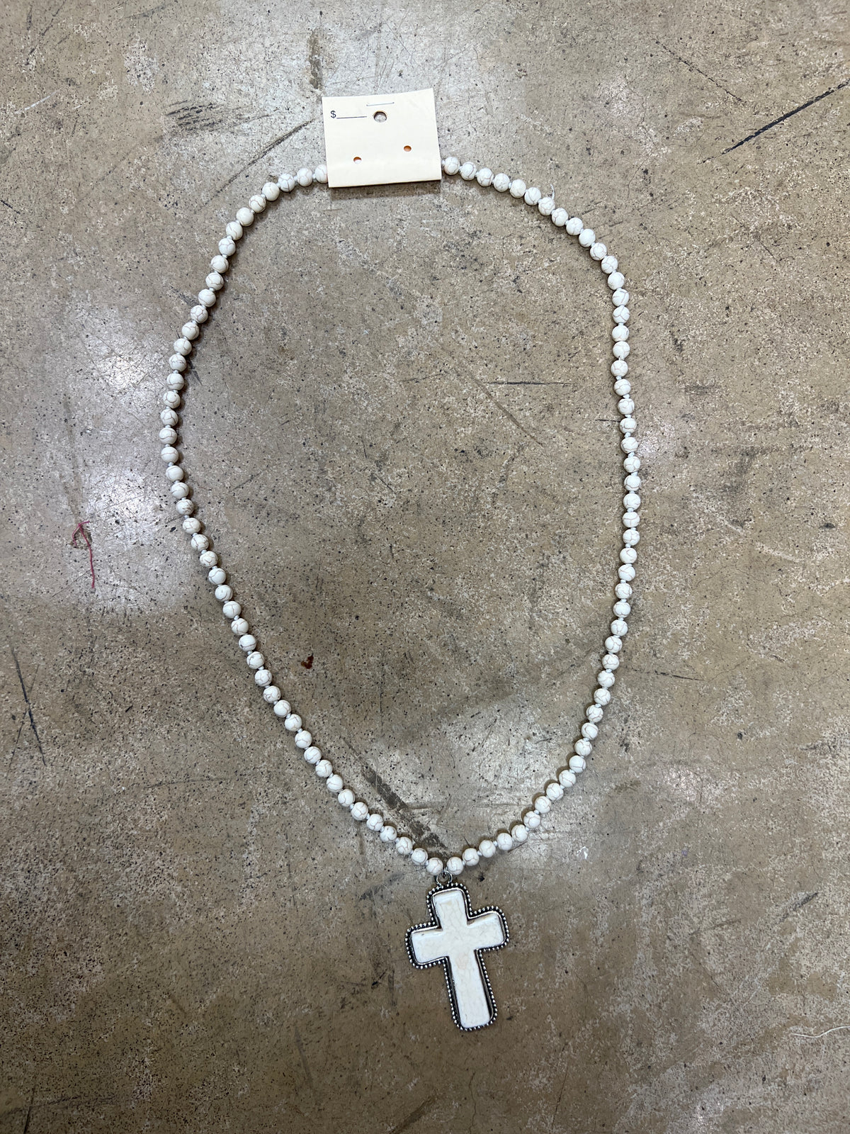 9050- Cream Beaded Necklace w/ Cracked Stone Cross Pendant