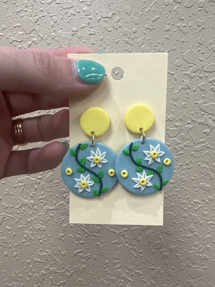 8065- Blue & Yellow Floral Clay Earrings