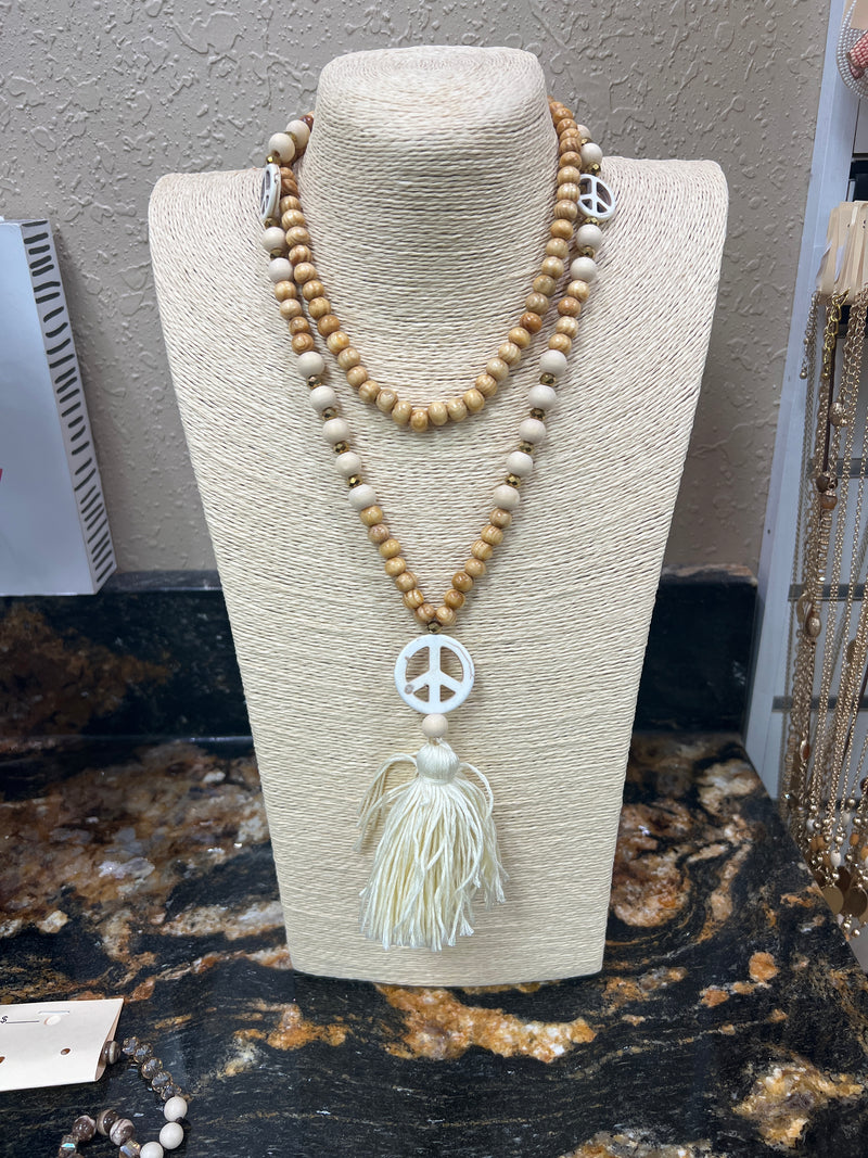 9204- Wood Bead w/ Peace Sign & Tassel Necklace