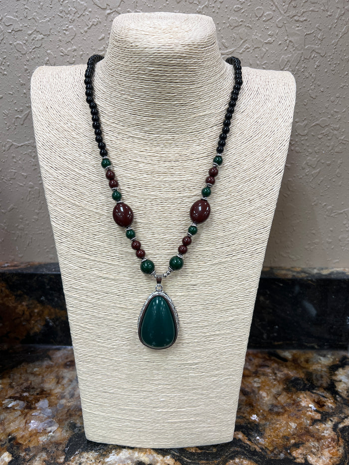 9740- Hunter Green w/ Maroon Beaded Necklace