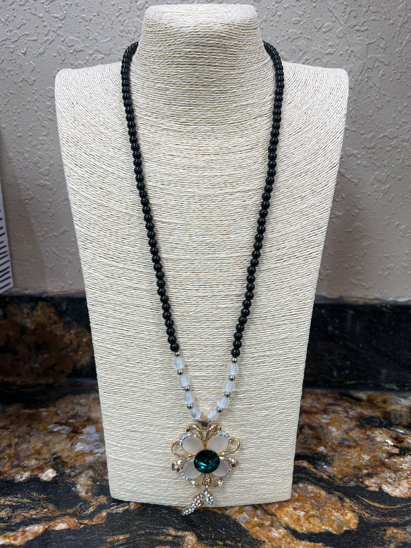 9737- Black Beaded w/ Emerald Flower Pendant Necklace