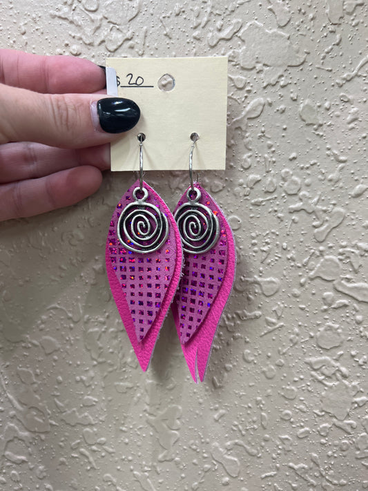 8825- Pink Leather Earring w/ Swirl Detail