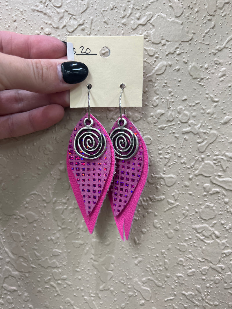 8825- Pink Leather Earring w/ Swirl Detail