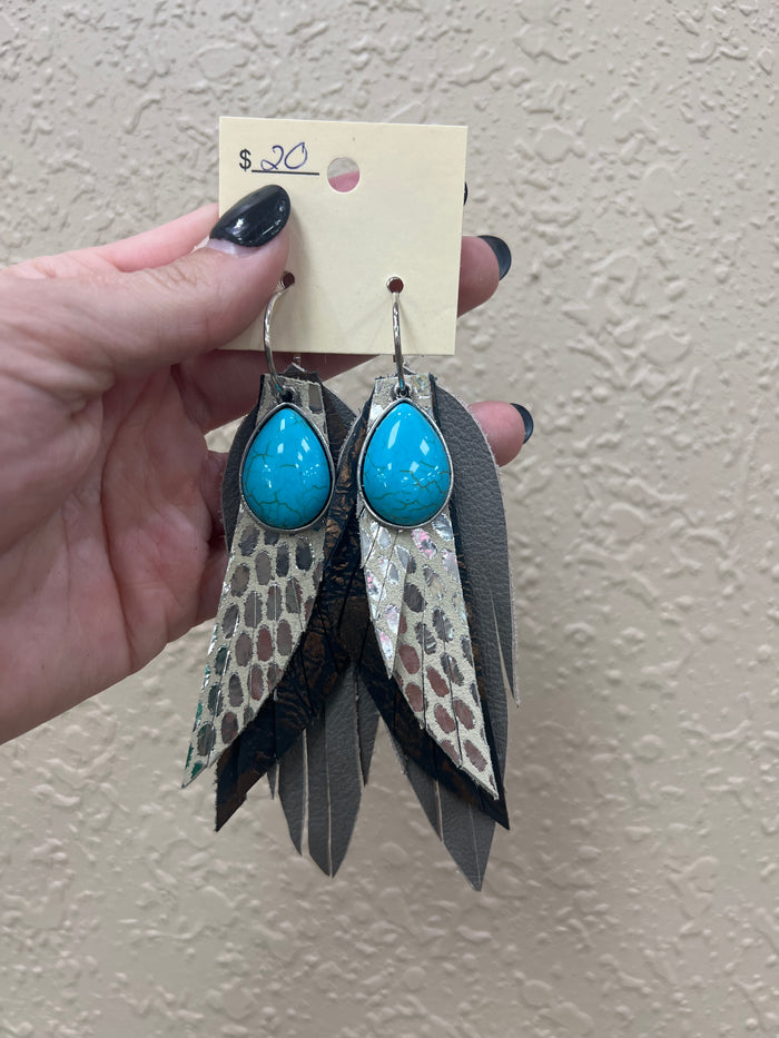 8830- Turquoise Stone Detail w/ Gray Leather Earrings