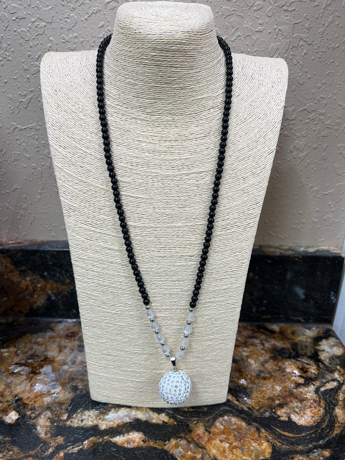 9749- Black Beaded w/ White Disco Pendant