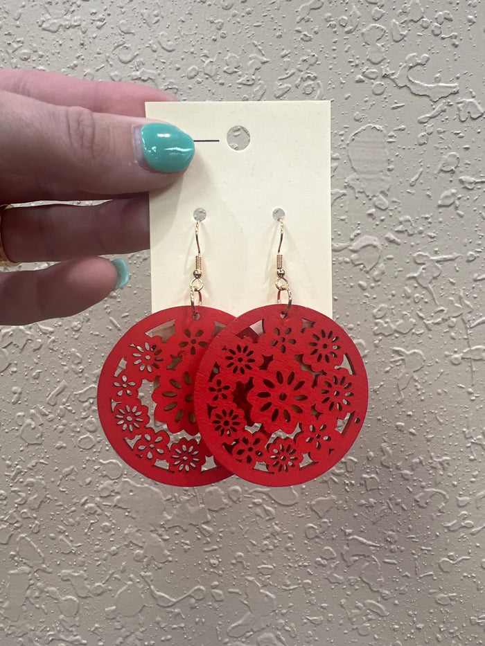 8066- Red Floral Design Wood Earrings