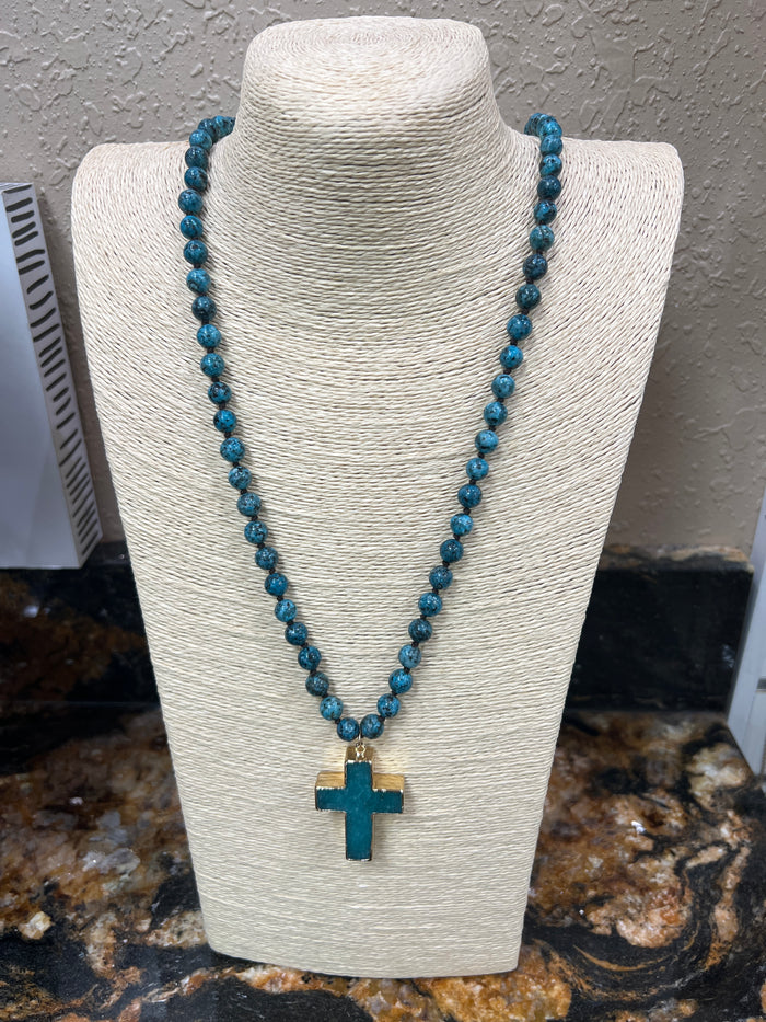 9177- Turquoise Beaded w/ Cross Pendant