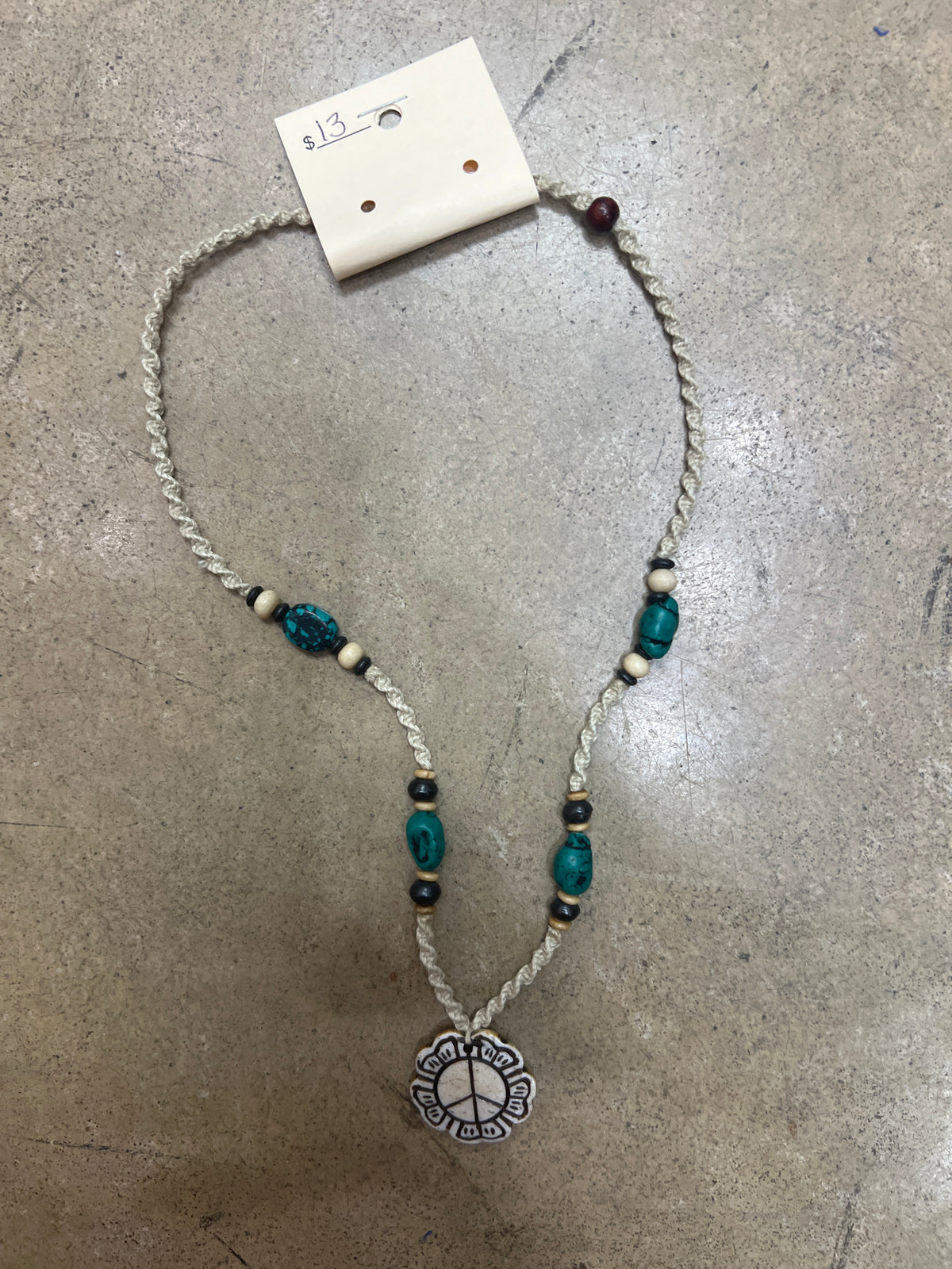 9138- Crochet Beaded Necklace w/ Peace Pendant