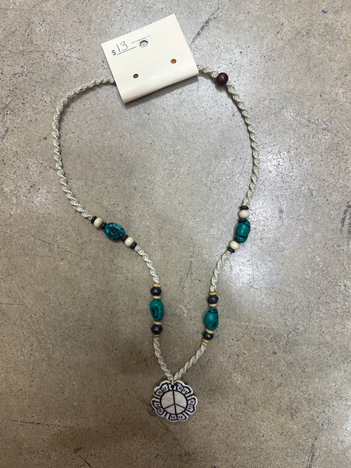 9138- Crochet Beaded Necklace w/ Peace Pendant