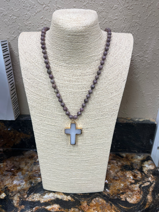 9179- Light Plum Beaded Necklace w/ Cross Pendant