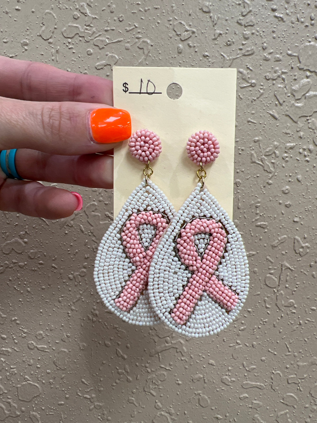 9262- Beaded White/Pink Breast Cancer Earrings