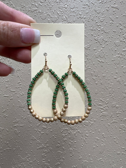 10049- Green & Gold Beaded Hoop Earrings