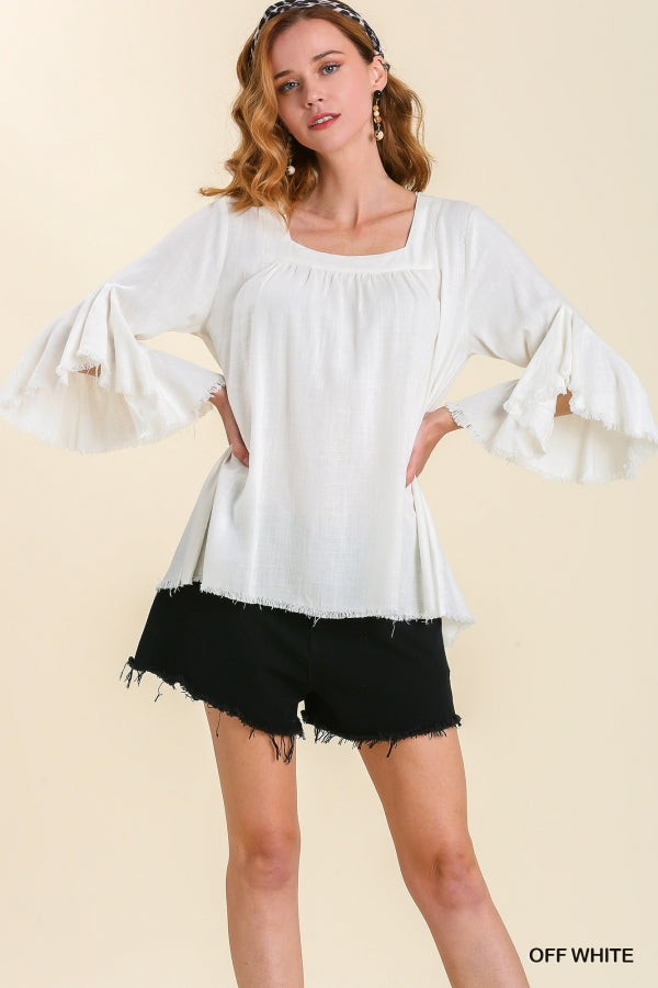 7839- Off White Linen Top w/ Bell Sleeve w/ Fringe [UMGEE]