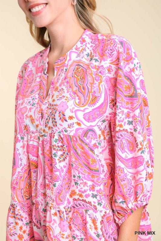 7841- Pink Mix Paisley V-Neck 3/4 Sleeve Top [UMGEE]