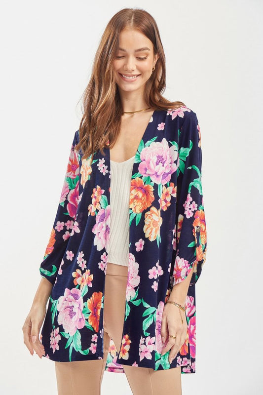 2269- Navy Floral Print Wrinkle Free Cardigan